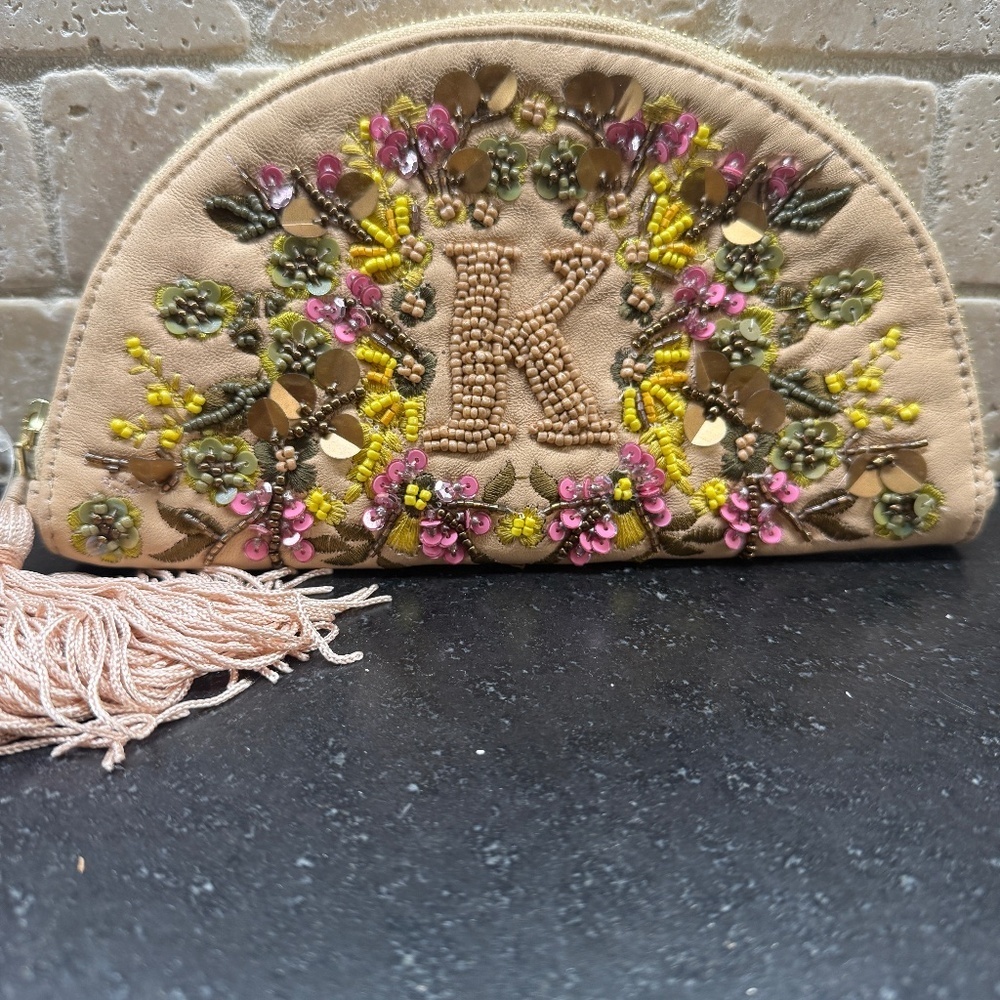NWT Anthropologie Leather Beaded Monogram Clutch Letter K